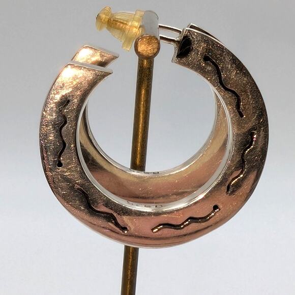 Solid 925 Sterling Silver Etched Design Hoop Earrings - Picture 2 of 6